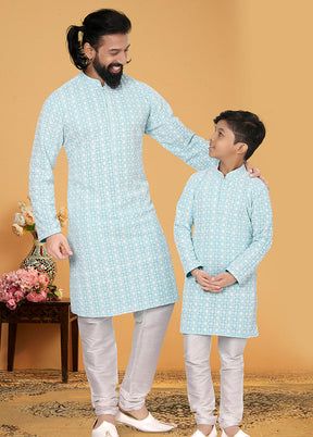 2 Pc Blue Georgette Father And Son Combo Set