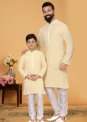 2 Pc Yellow Georgette Father And Son Combo Set