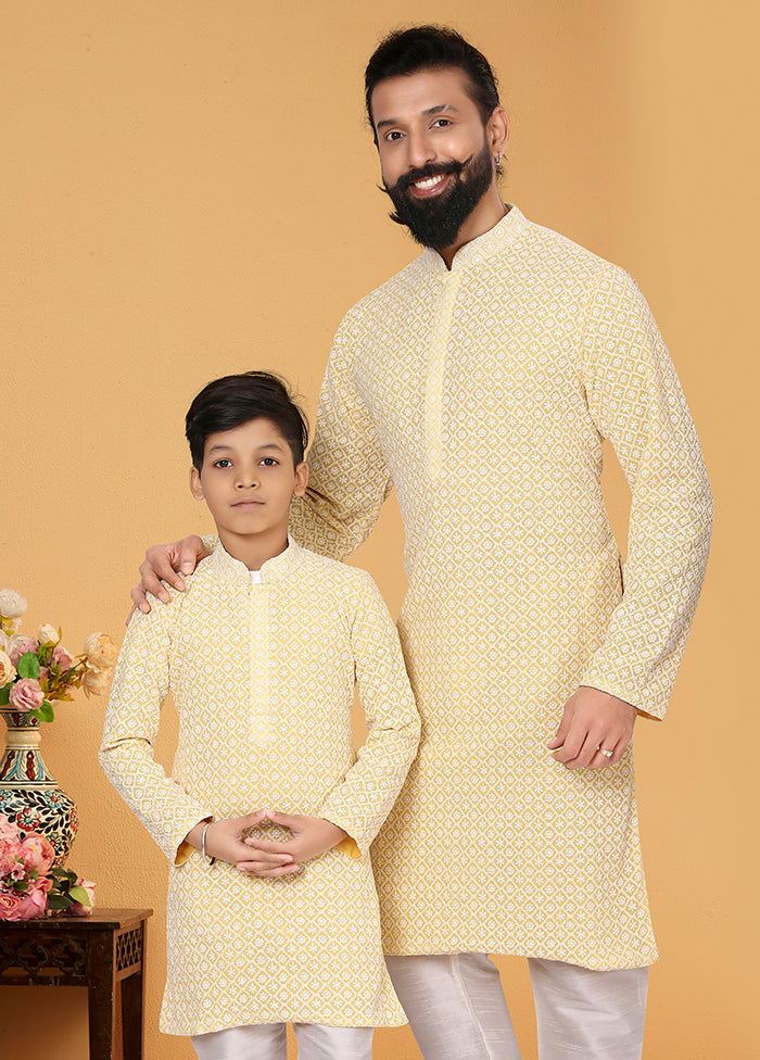 2 Pc Yellow Georgette Father And Son Combo Set