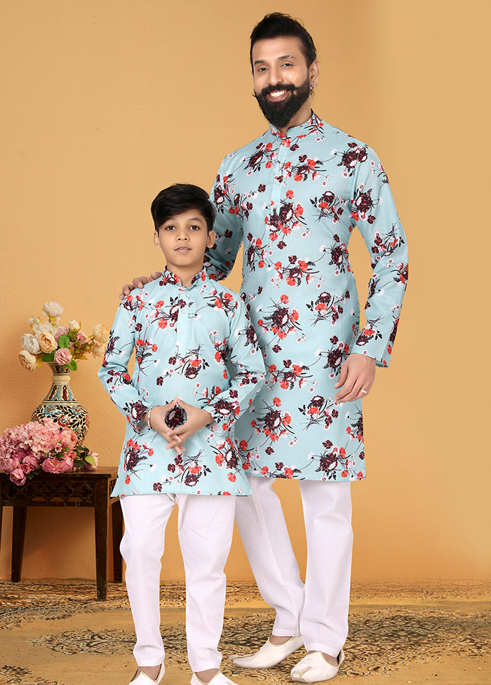 2 Pc Blue Cotton Father And Son Combo Set