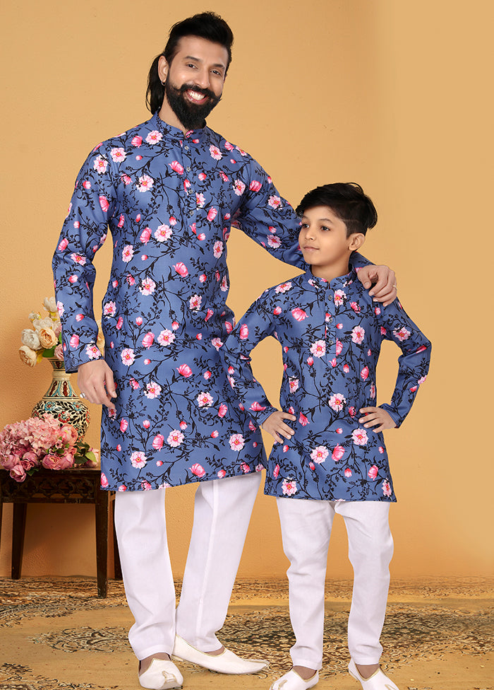 2 Pc Blue Cotton Father And Son Combo Set