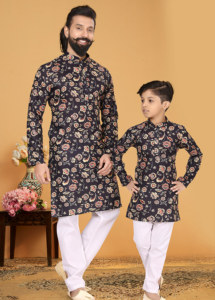 2 Pc Black Cotton Father And Son Combo Set