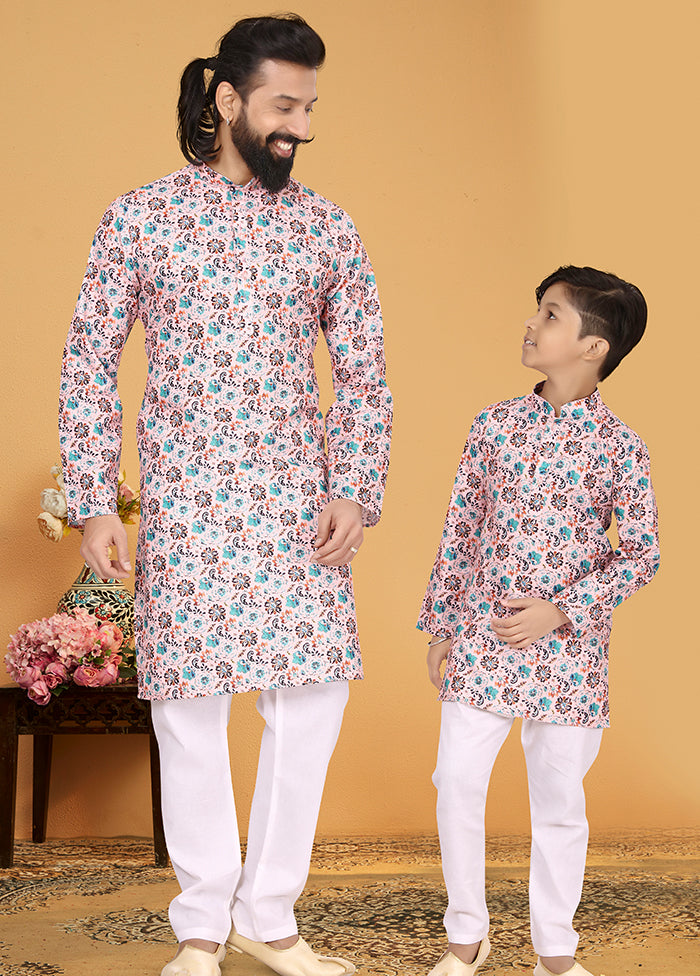 2 Pc Pink Cotton Father And Son Combo Set