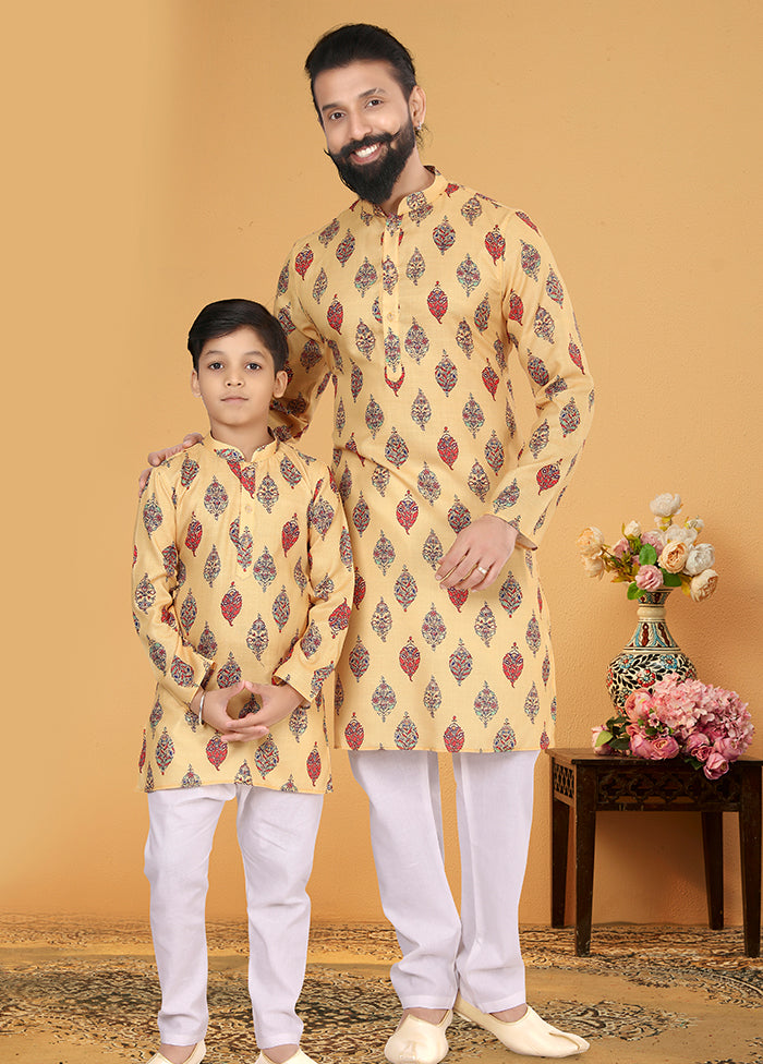 2 Pc Yellow Cotton Father And Son Combo Set