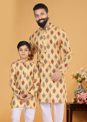 2 Pc Yellow Cotton Father And Son Combo Set