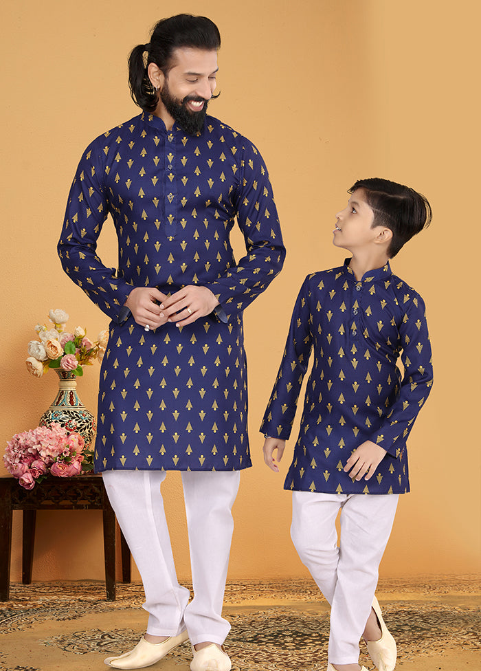 2 Pc Blue Cotton Father And Son Combo Set