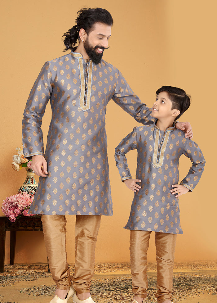 2 Pc Grey Silk Father And Son Combo Set