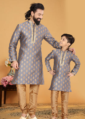 2 Pc Grey Silk Father And Son Combo Set