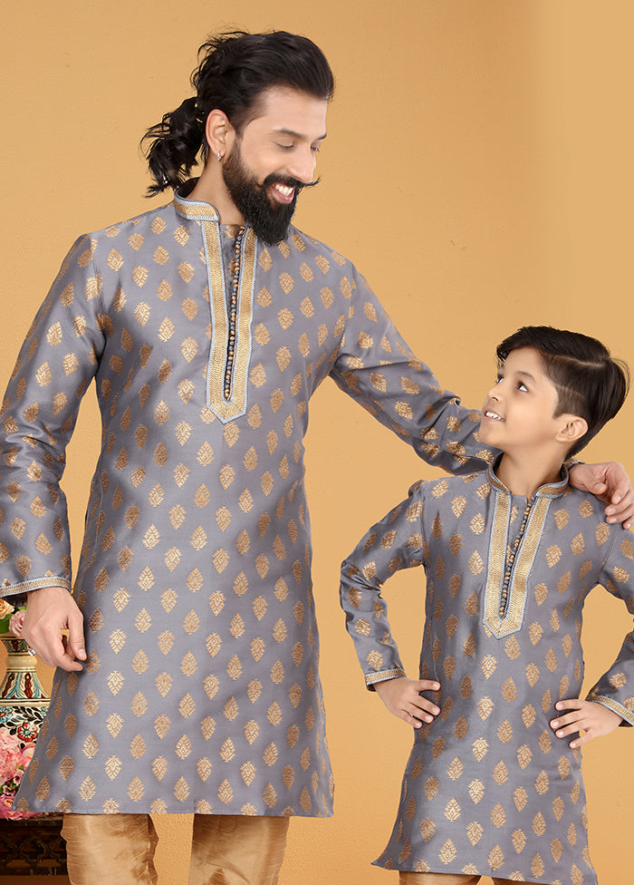 2 Pc Grey Silk Father And Son Combo Set