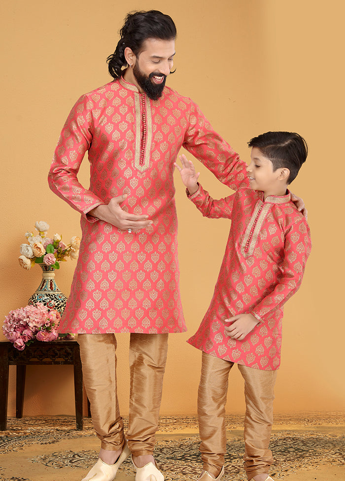 2 Pc Pink Silk Father And Son Combo Set