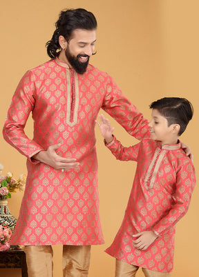 2 Pc Pink Silk Father And Son Combo Set