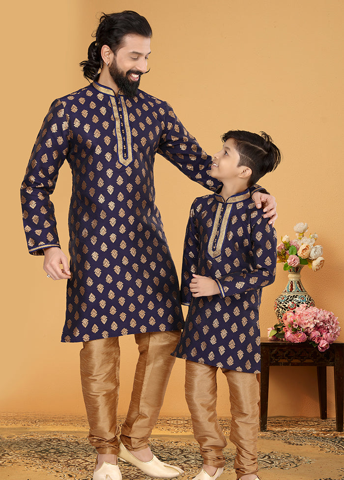2 Pc Blue Silk Father And Son Combo Set
