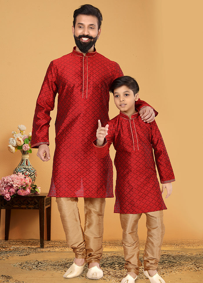 2 Pc Red Silk Father And Son Combo Set