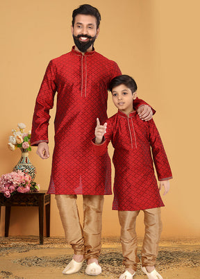 2 Pc Red Silk Father And Son Combo Set