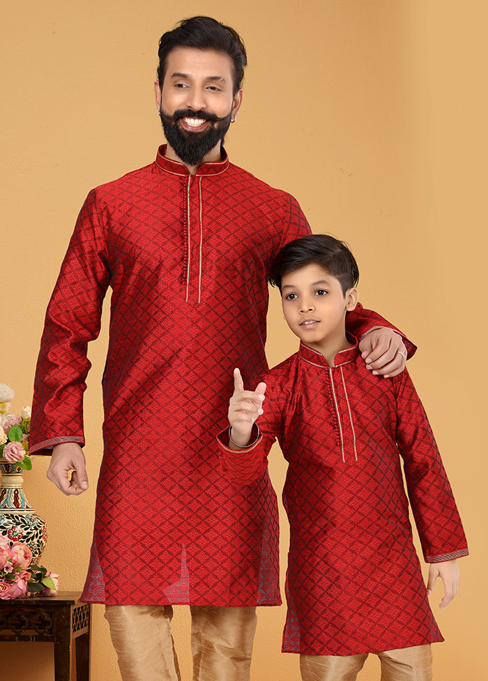 2 Pc Red Silk Father And Son Combo Set