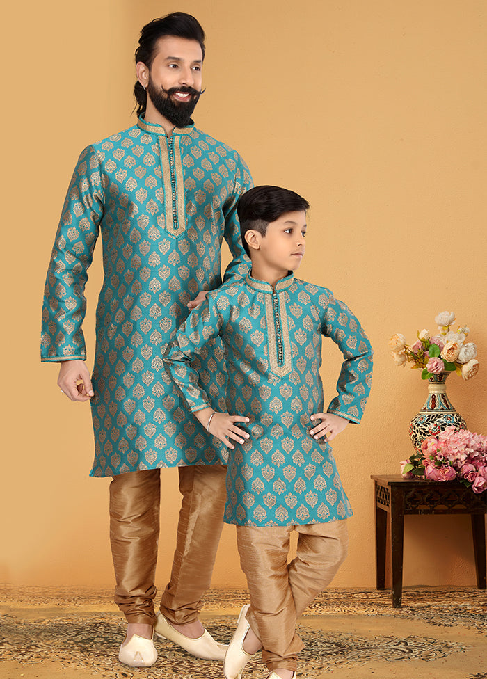 2 Pc Blue Silk Father And Son Combo Set