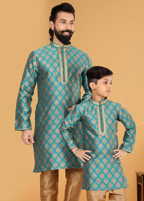 2 Pc Blue Silk Father And Son Combo Set