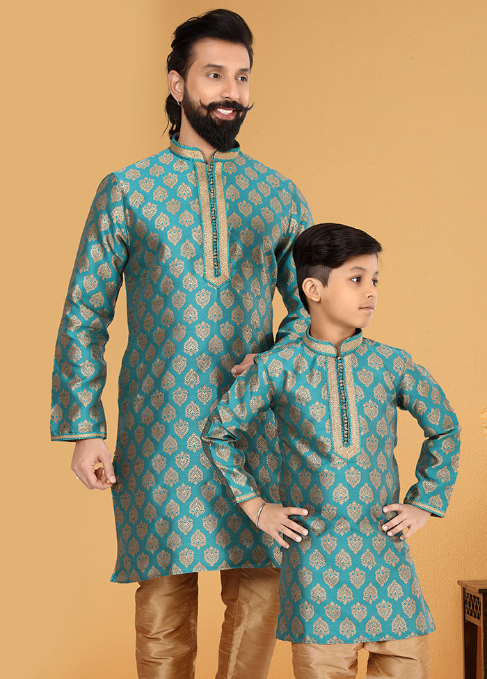 2 Pc Blue Silk Father And Son Combo Set