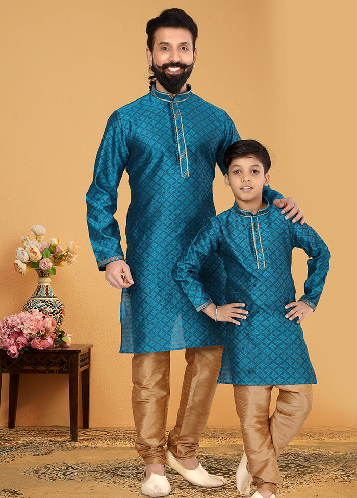 2 Pc Blue Silk Father And Son Combo Set