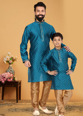 2 Pc Blue Silk Father And Son Combo Set