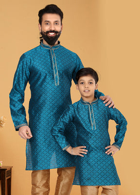2 Pc Blue Silk Father And Son Combo Set