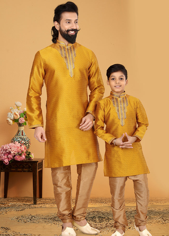 2 Pc Yellow Silk Father And Son Combo Set