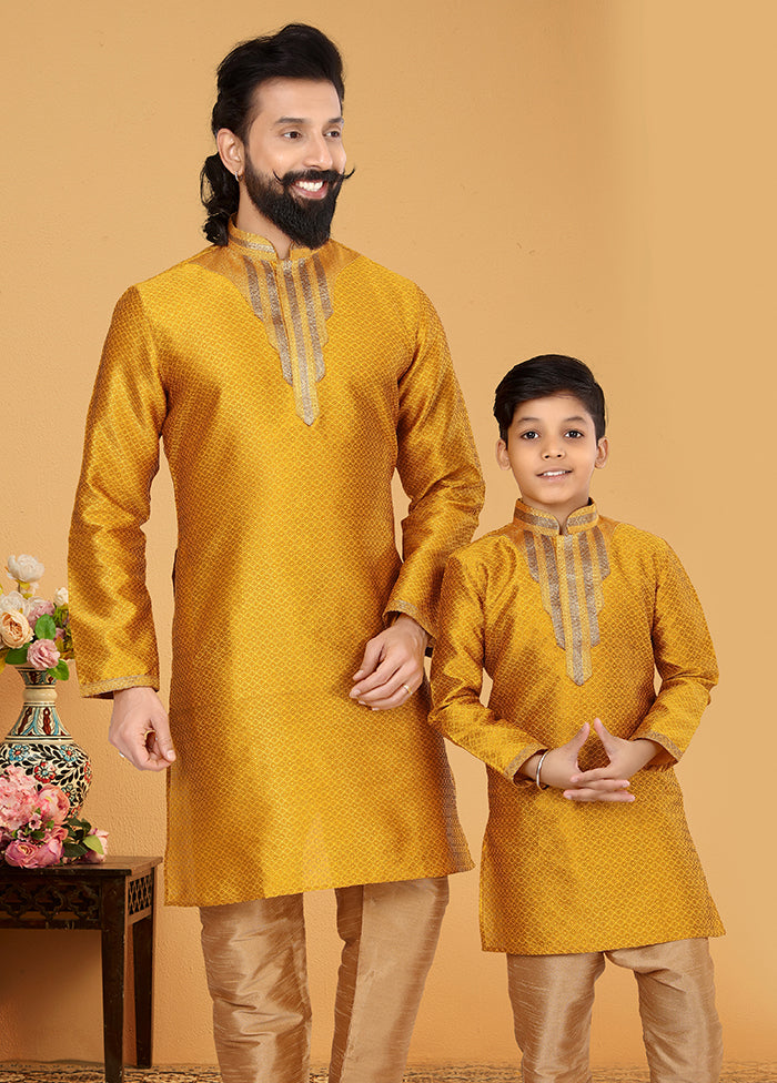 2 Pc Yellow Silk Father And Son Combo Set