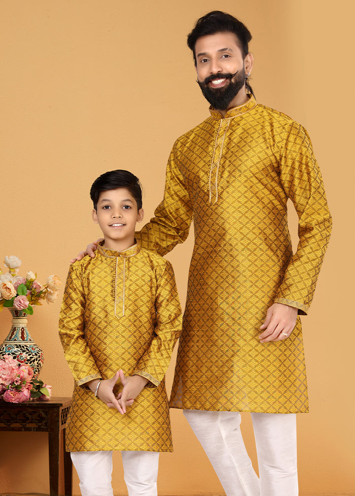 2 Pc Yellow Silk Father And Son Combo Set