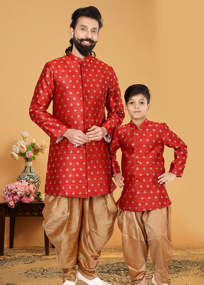 2 Pc Red Silk Father And Son Combo Set