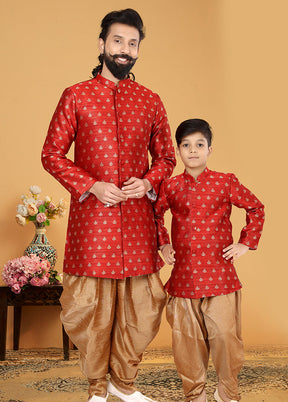 2 Pc Red Silk Father And Son Combo Set