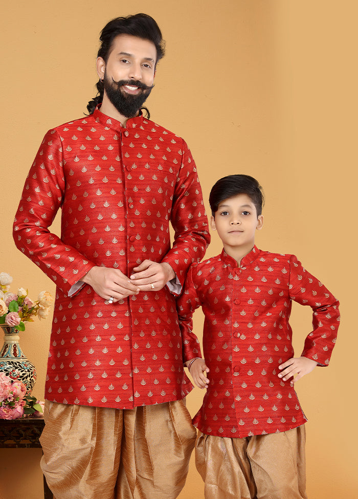 2 Pc Red Silk Father And Son Combo Set