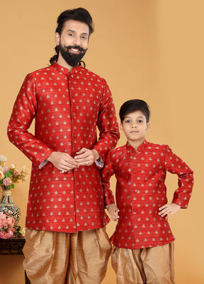 2 Pc Red Silk Father And Son Combo Set