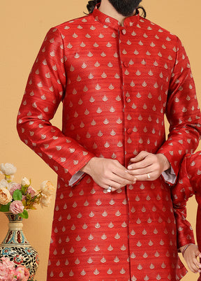 2 Pc Red Silk Father And Son Combo Set