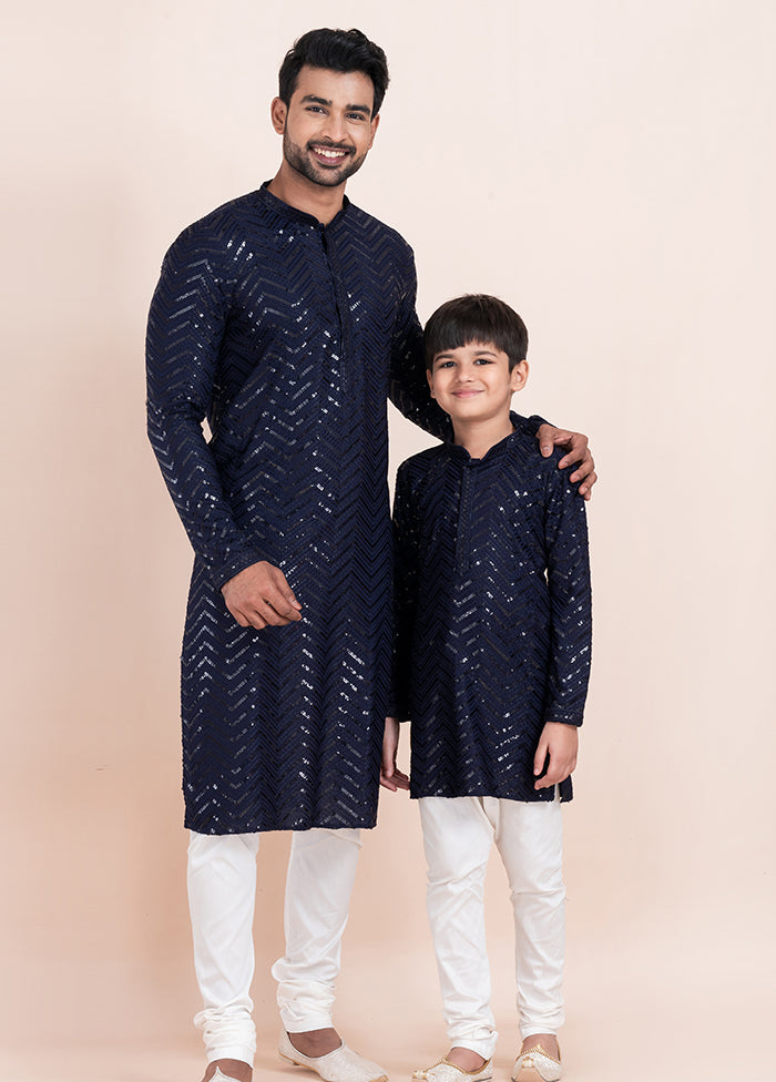 2 Pc Navy Blue Viscose Father And Son Combo Set