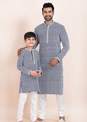 2 Pc Navy Blue Silk Father And Son Combo Set