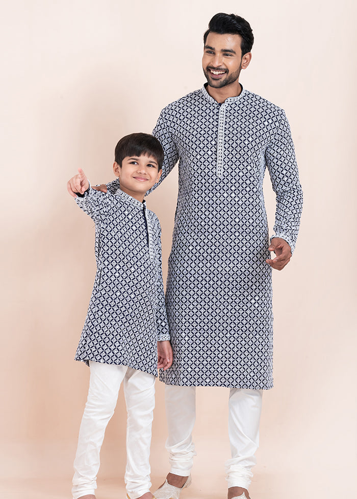 2 Pc Navy Blue Silk Father And Son Combo Set