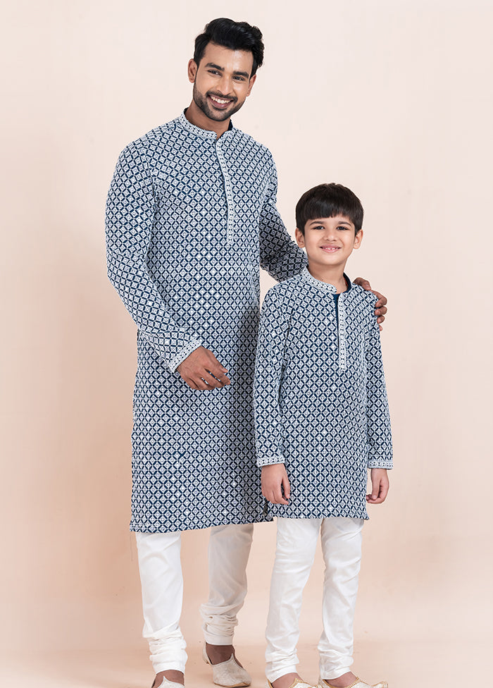 2 Pc Blue Silk Father And Son Combo Set
