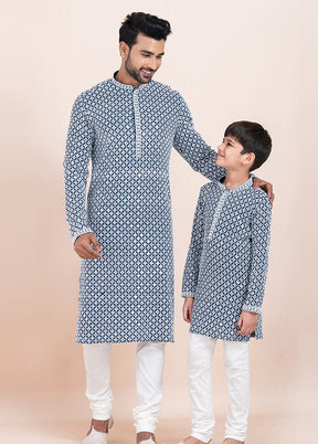 2 Pc Blue Silk Father And Son Combo Set