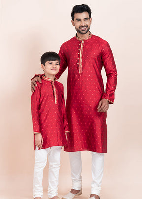 2 Pc Red Cotton Father And Son Combo Set