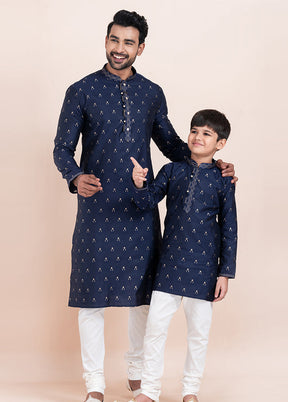 2 Pc Navy Blue Cotton Father And Son Combo Set