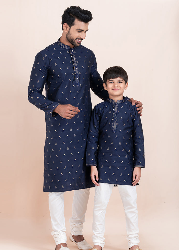 2 Pc Navy Blue Cotton Father And Son Combo Set