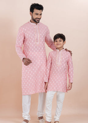 2 Pc White Silk Father And Son Combo Set