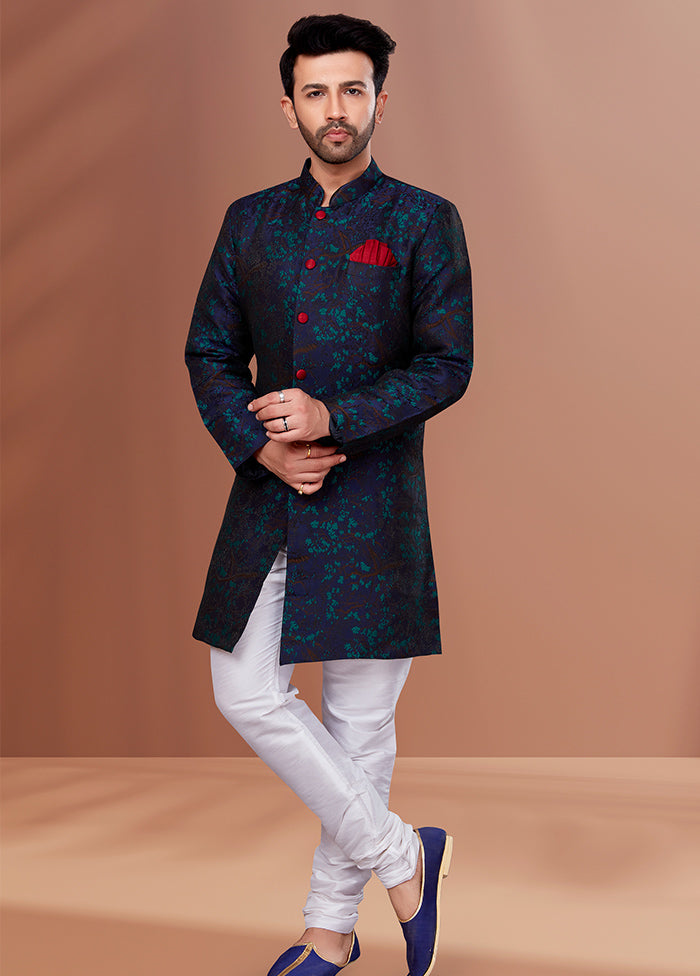 2 Pc Navy Blue Dupion Silk Kurta Pajama Set