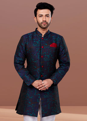 2 Pc Navy Blue Dupion Silk Kurta Pajama Set