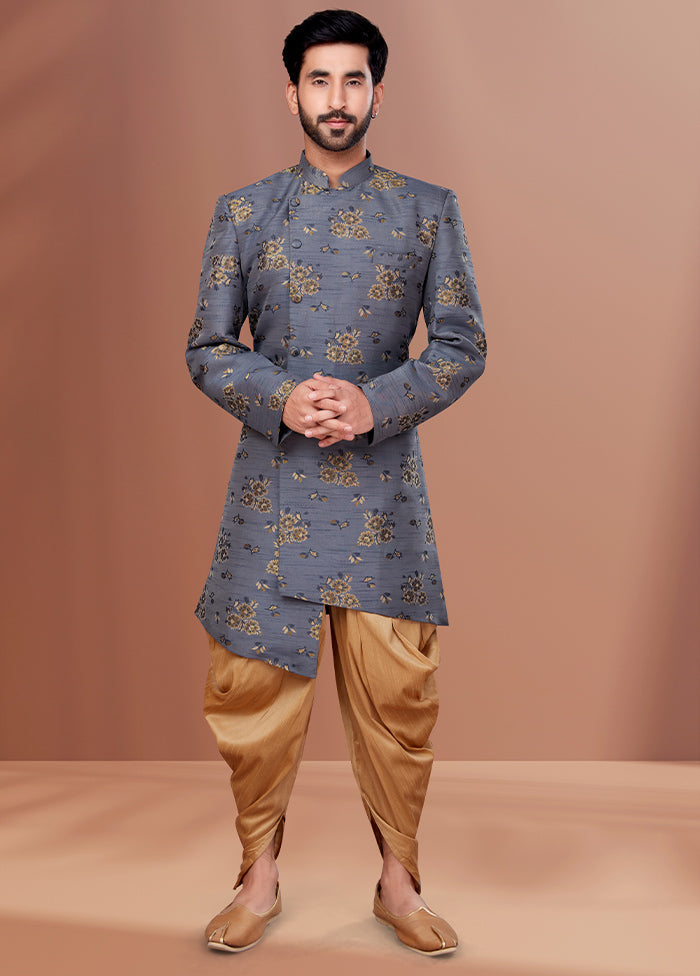 2 Pc Grey Dupion Silk Kurta Pajama Set