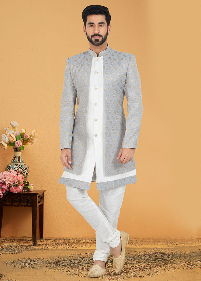 2 Pc Grey Dupion Silk Kurta And Pajama Set - Indian Silk House Agencies