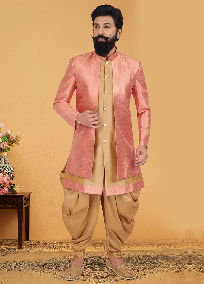 2 Pc Golden Dupion Silk Kurta And Pajama Set