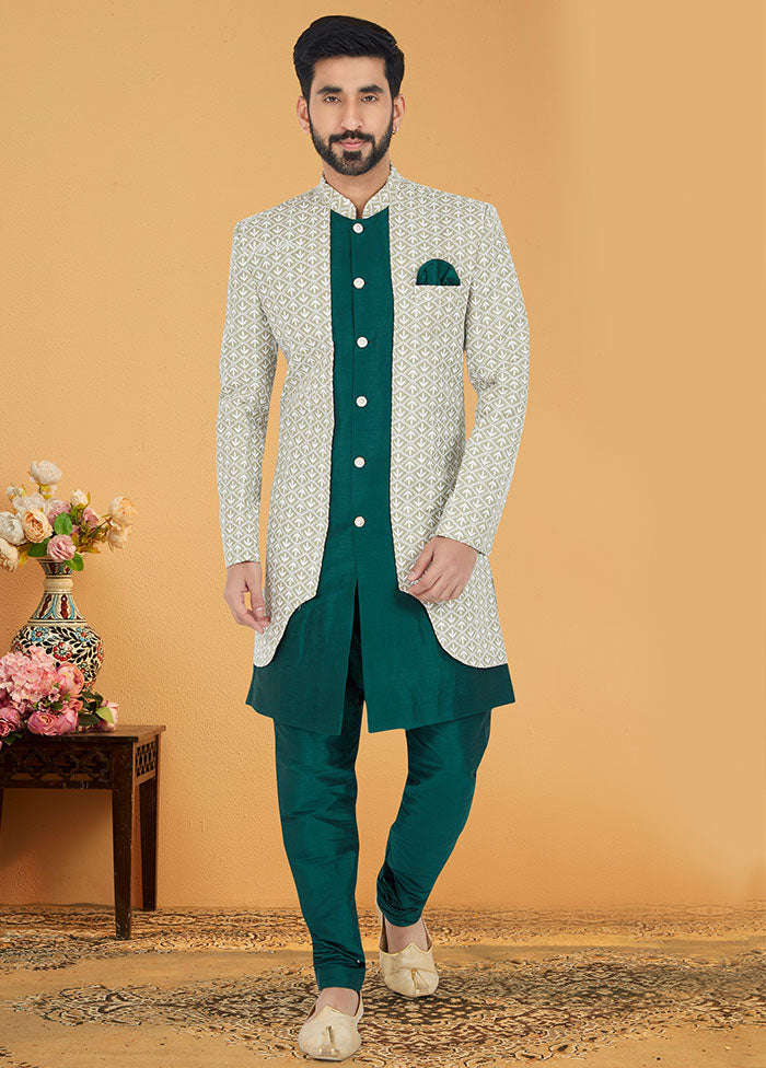 2 Pc Sea Green Dupion Silk Kurta And Pajama Set