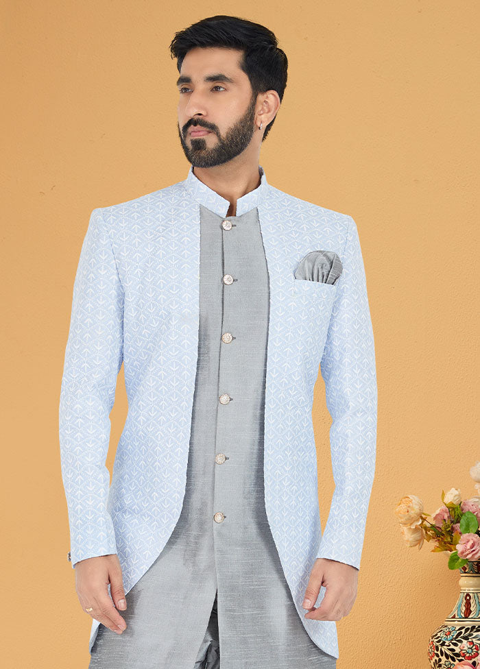 2 Pc Sky Blue Cotton Kurta And Pajama Set - Indian Silk House Agencies