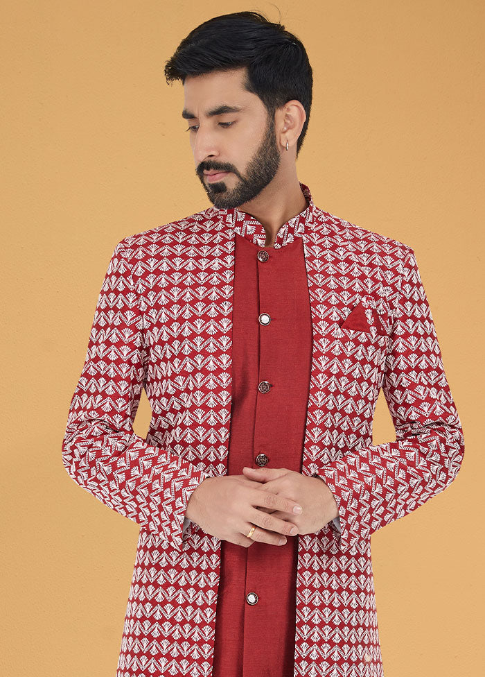 2 Pc Red Cotton Kurta And Pajama Set